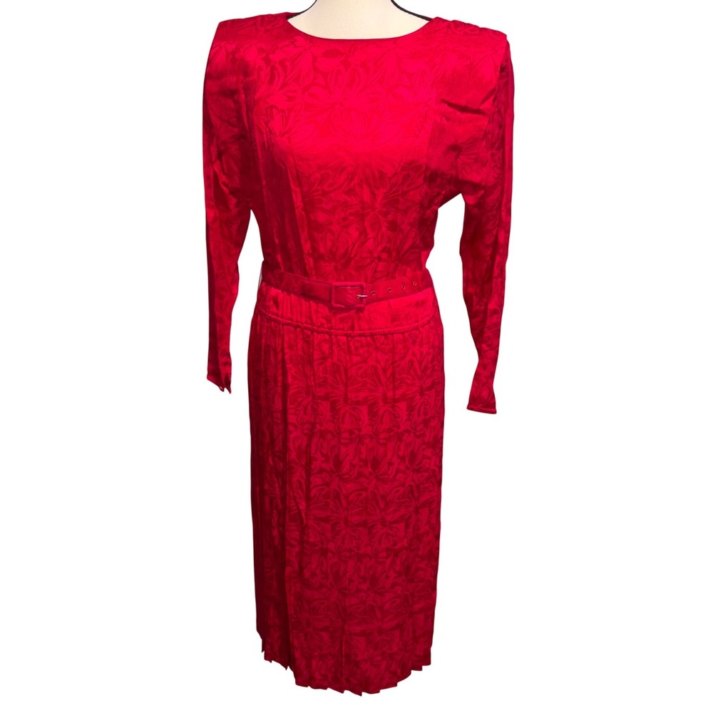 Vintage Silk Jacquard Midi Dress 80s Mob Wife Women 10P Red Argenti Petites